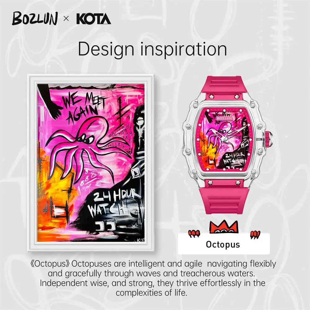 BOZLUN Fashion Creative Movement Mechanical Watch Personalized Comic Octopus Watches  Casual Sports Wristwatches For Mens Women