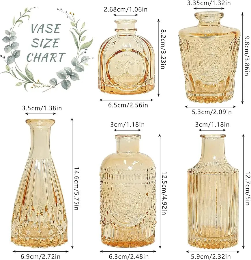 Glass Bud Vase Set of 5, Gold Amber Small Flower Vases for Centerpieces in Bulk, Mini Vintage Vase for Rustic Wedding, Home,Tabl
