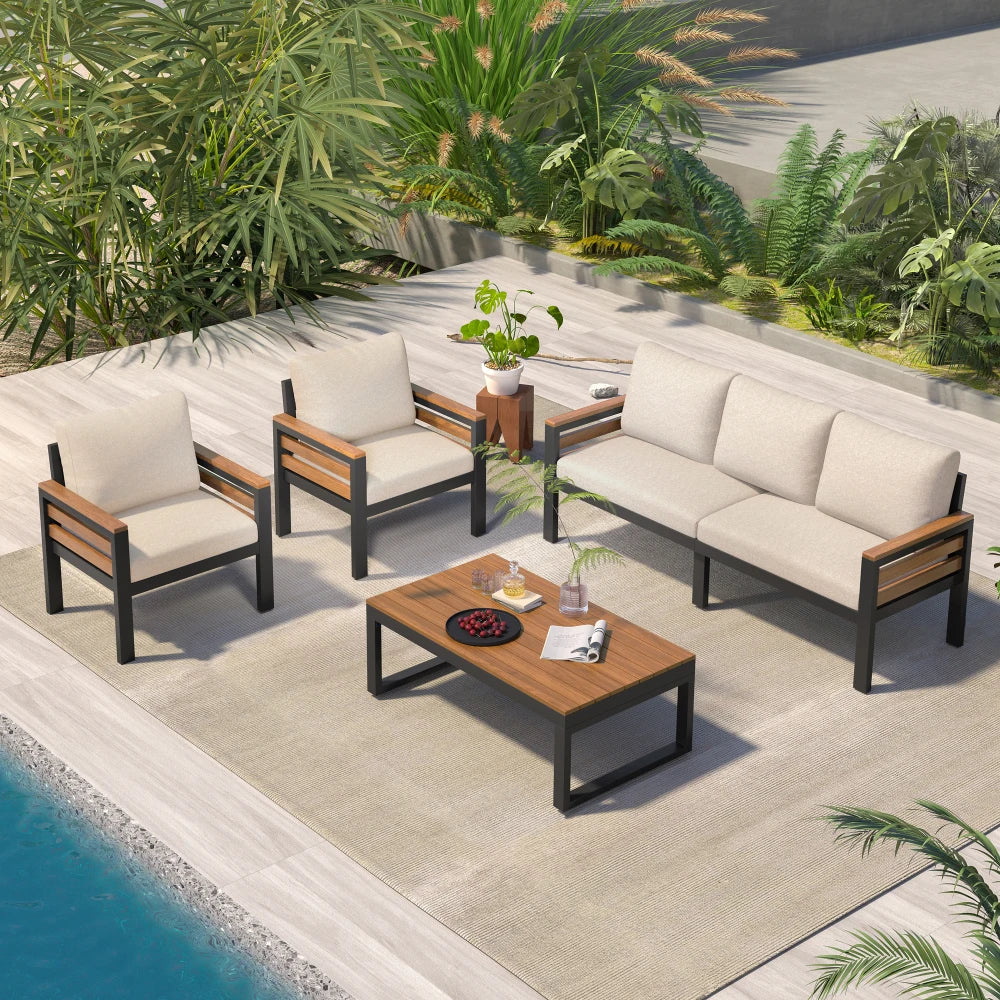 GO 4-Piece Outdoor Furniture Sofa Set for 5 People with Acacia Wood Armrests Patio Conversation Set with Removable Cushion