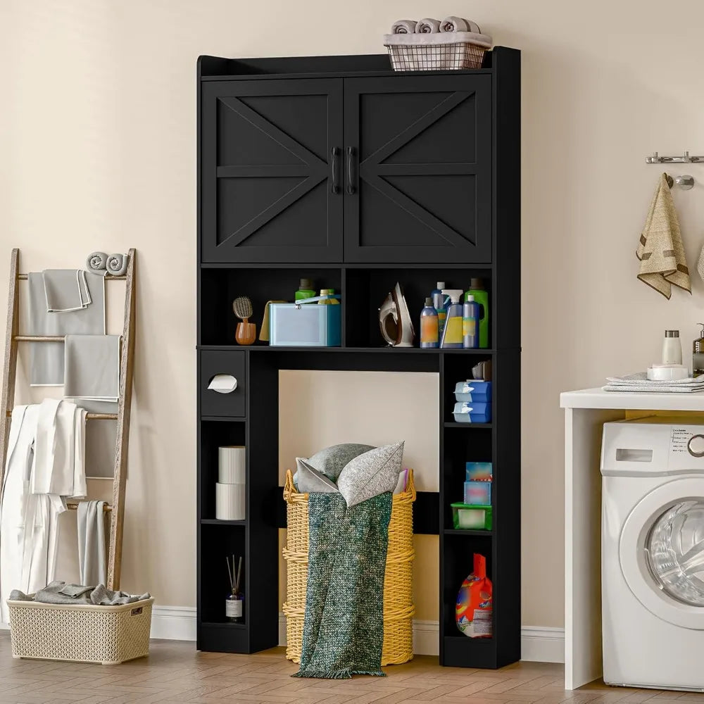Over The Toilet Storage Cabinet, Farmhouse Toilet Cabinet Rack with Barn Doors, Space Saving Bathroom Organizer with Shelves, To