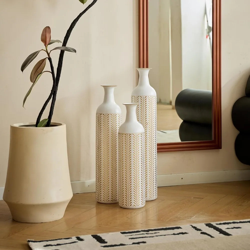 Set of 3 Metal Tall Vases, Large Gold Decorative Vases for Dried Flowers, Modern Living Room Home Decor