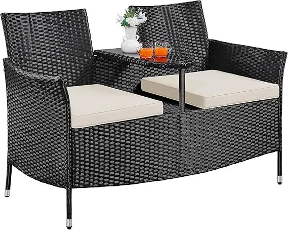 Patio Loveseat, Outdoor Wicker Double Chair w/Side Table, PE Rattan Furniture Set for Two People, Love Seat w/2 Removable Cushi