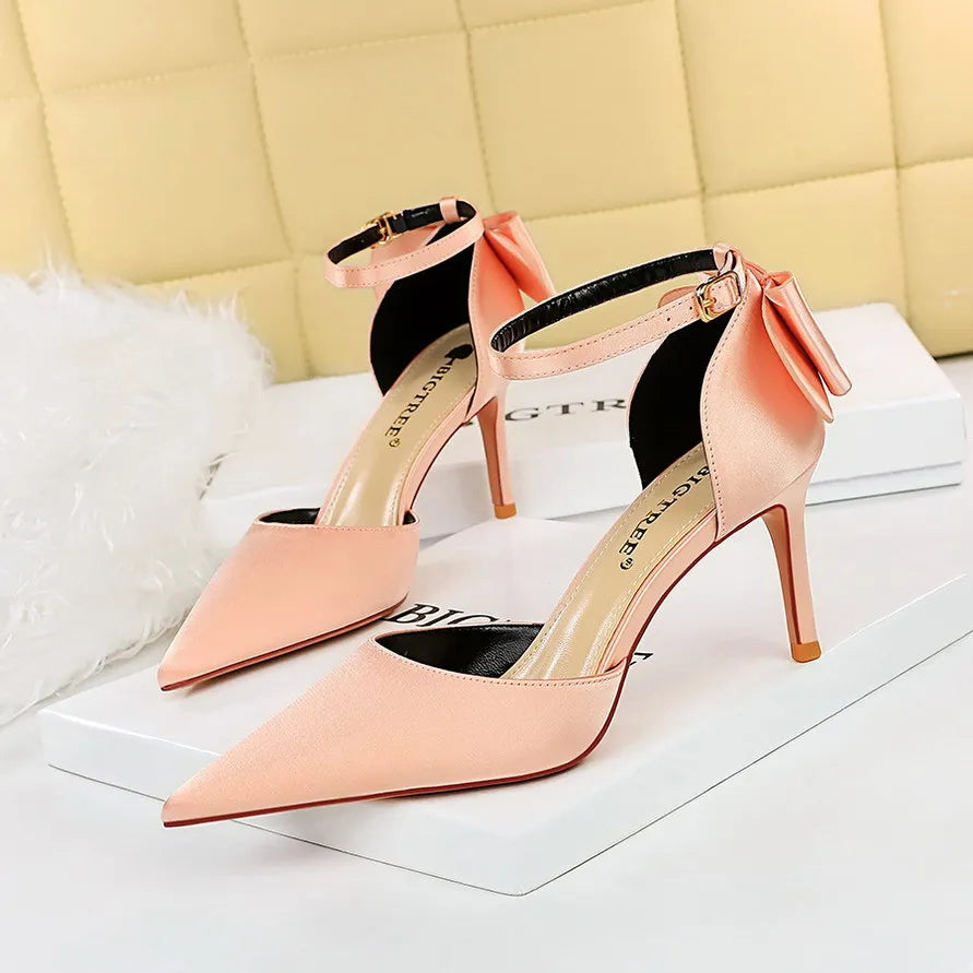 Women's stiletto heels, pointed toes, satin open-back strappy sandals with a bow