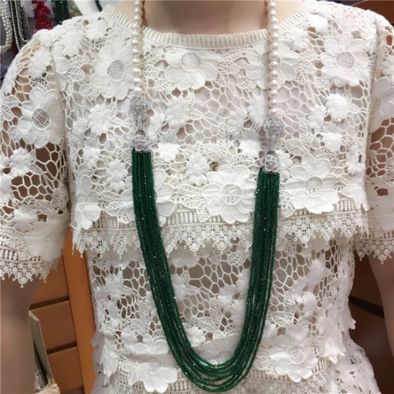 NEW hot sell 8-9mm Potato shape white freshwater pearl necklace multilayer long sweater chain fashion jewelry 30inches