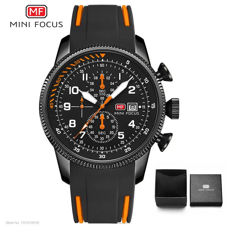 MINI FOCUS Military Sport Quartz Watch for Men Blue Silicone Strap Chronograph Luminous Wristwatch with Date Waterproof 0379