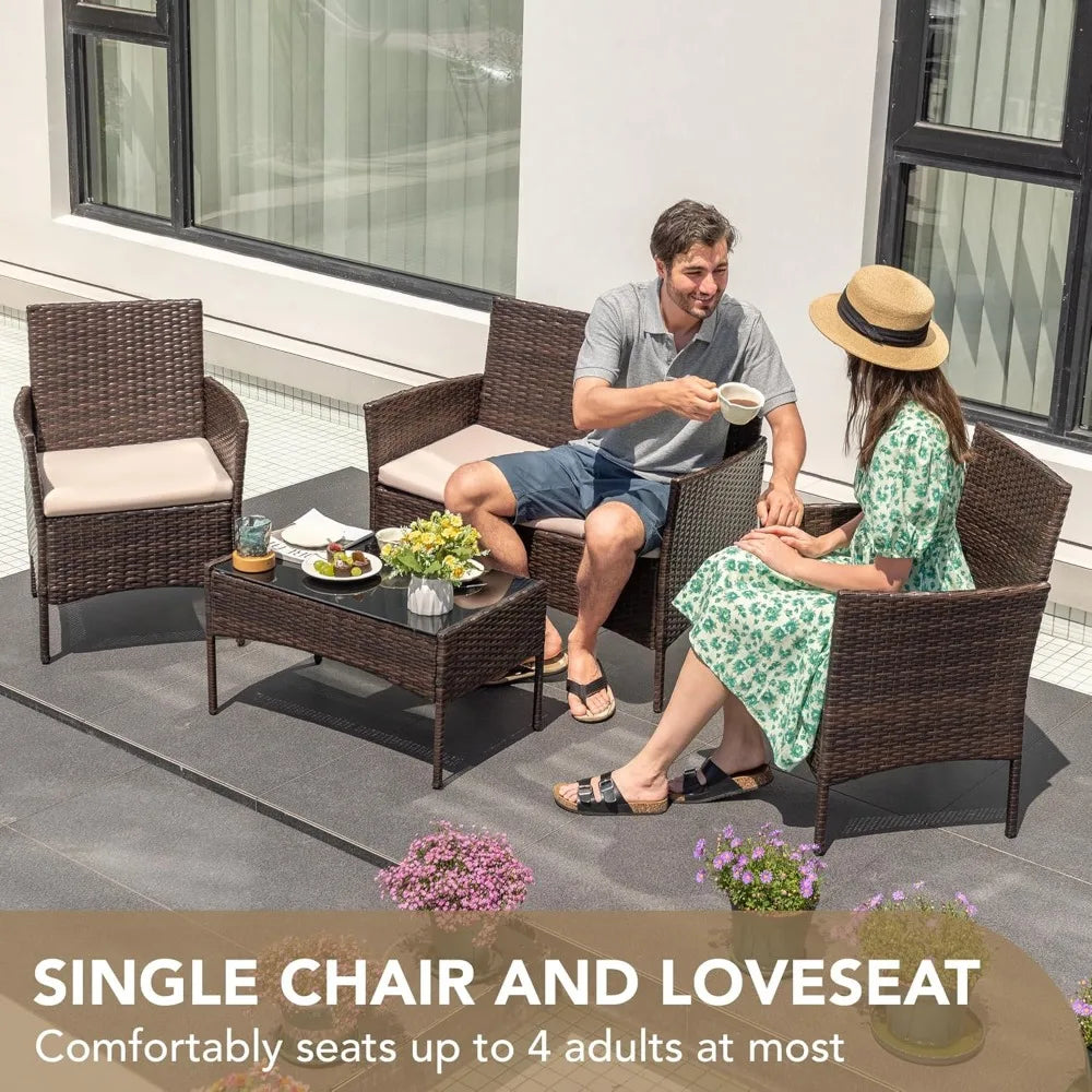 4 Pieces Outdoor Patio Furniture Set, PE Rattan Wicker Chairs Balcony Lawn Porch Patio Furniture Sets with Beige Cushion
