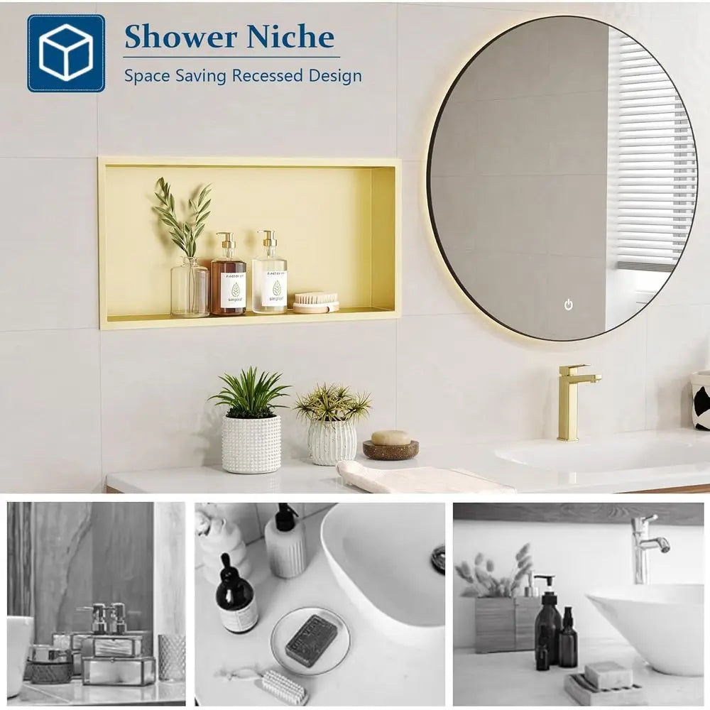 25.1x13.1 Inch Golden Stainless Steel Shower Wall Niche, No Tile Required, Waterproof Recessed Cabinet for Bathroom Storage