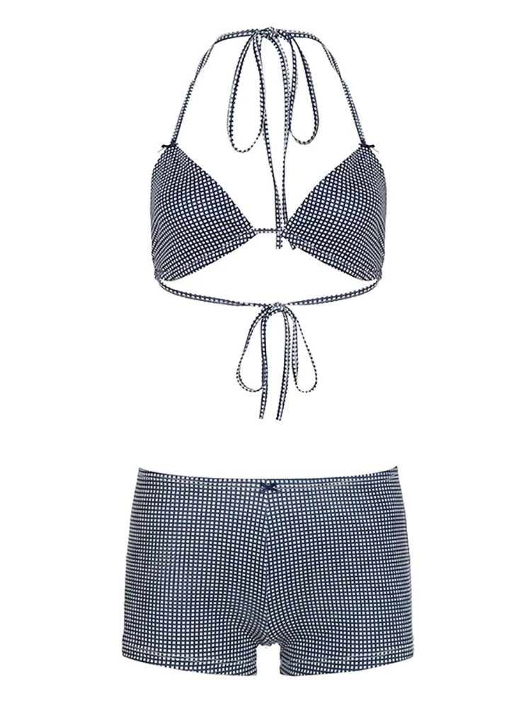 New Biquin Bow Bikinis Pleated Swimsuit Women Plaid Print Bikini Set Sexy Swimwear Push Up Beachwear Low Waist Bath Suit