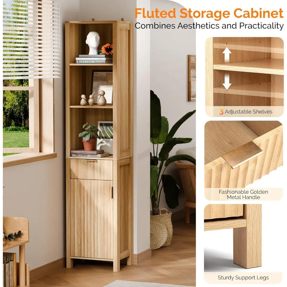 Narrow Fluted Bathroom Floor Skinny Storage Cabinet with 1 Fluted Door&Drawer,68 Tall Narrow12 Inch Deep Slim Bathroom St