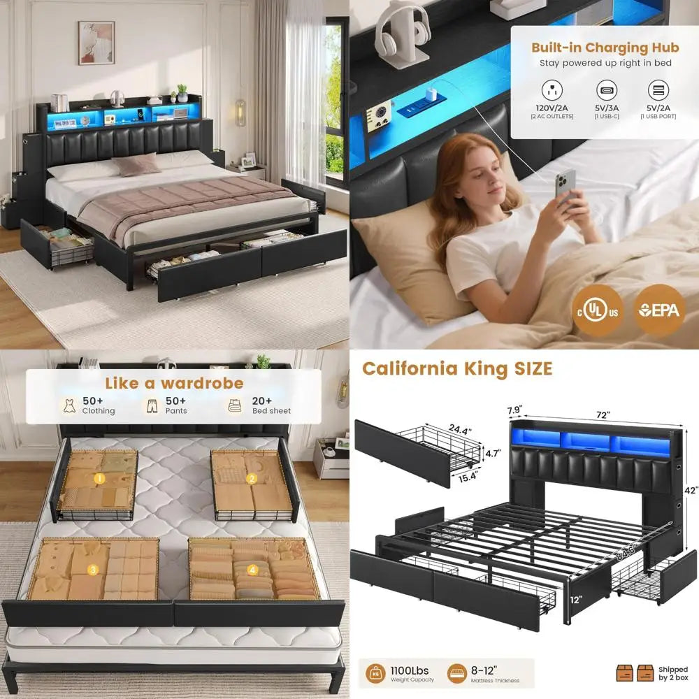 California King Bed Frame with 10 Storage Drawers, RGB LED Bookcase Headboard, and PU Upholstered Cal King Bed with Charging Sta