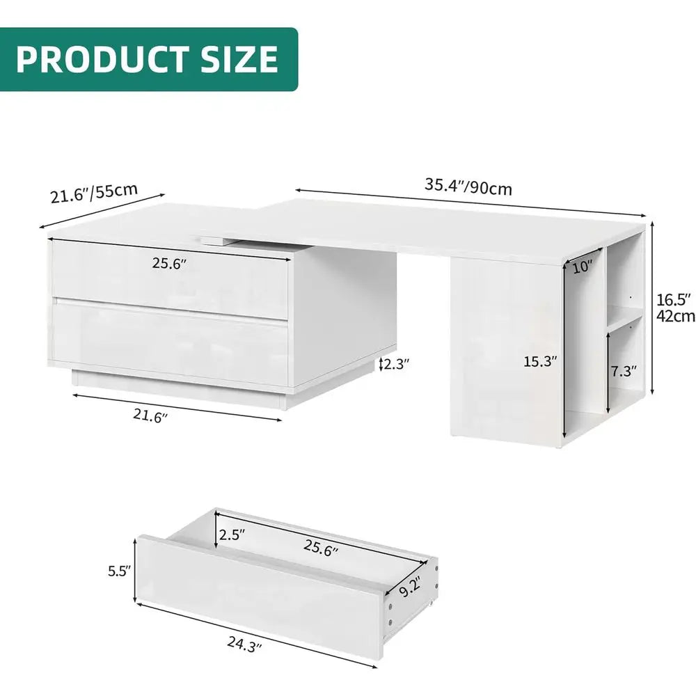 Modern Rectangular LED Coffee Table with Storage, 4 Drawers, Extendable 35-61 for Living Room, White