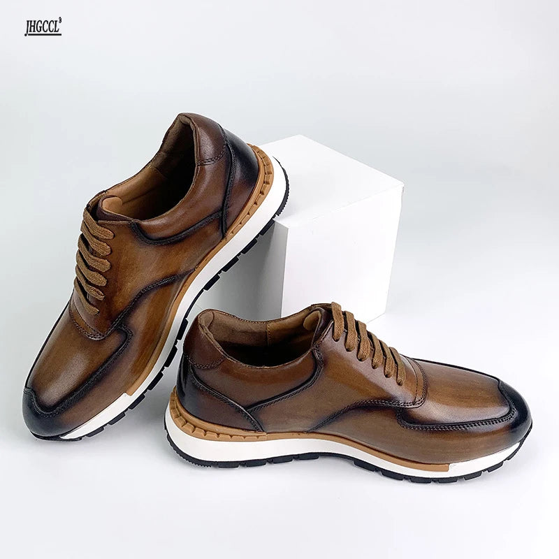 New men's leather shoes head layer cowhide daily outdoor casual lace-up large size shoes senior Brock shoes A21