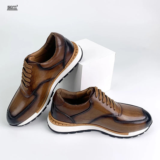 New men's leather shoes head layer cowhide daily outdoor casual lace-up large size shoes senior Brock shoes A21