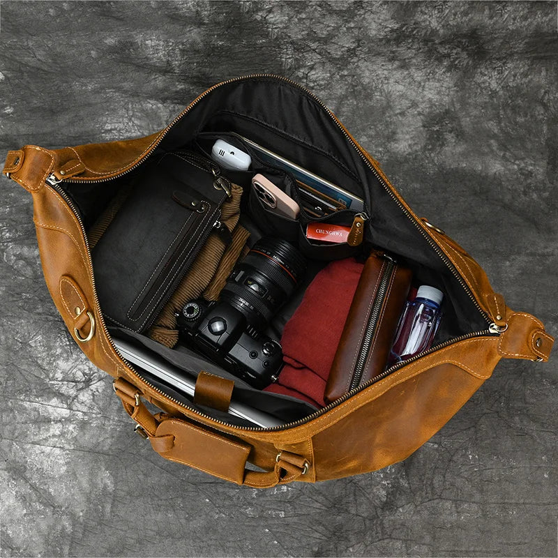 100% Genuine Crazy Horse Leather Men Travel Bags with Rivet Big HandBag for Male Cowhide Duffel Bag Mans Travelling Bag Luxury