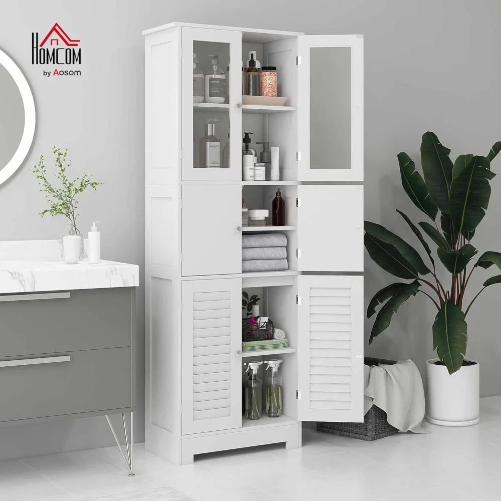 67 Inch Tall Freestanding Bathroom Cabinet with Glass and Louvered Doors for Storage and Adjustable Shelves