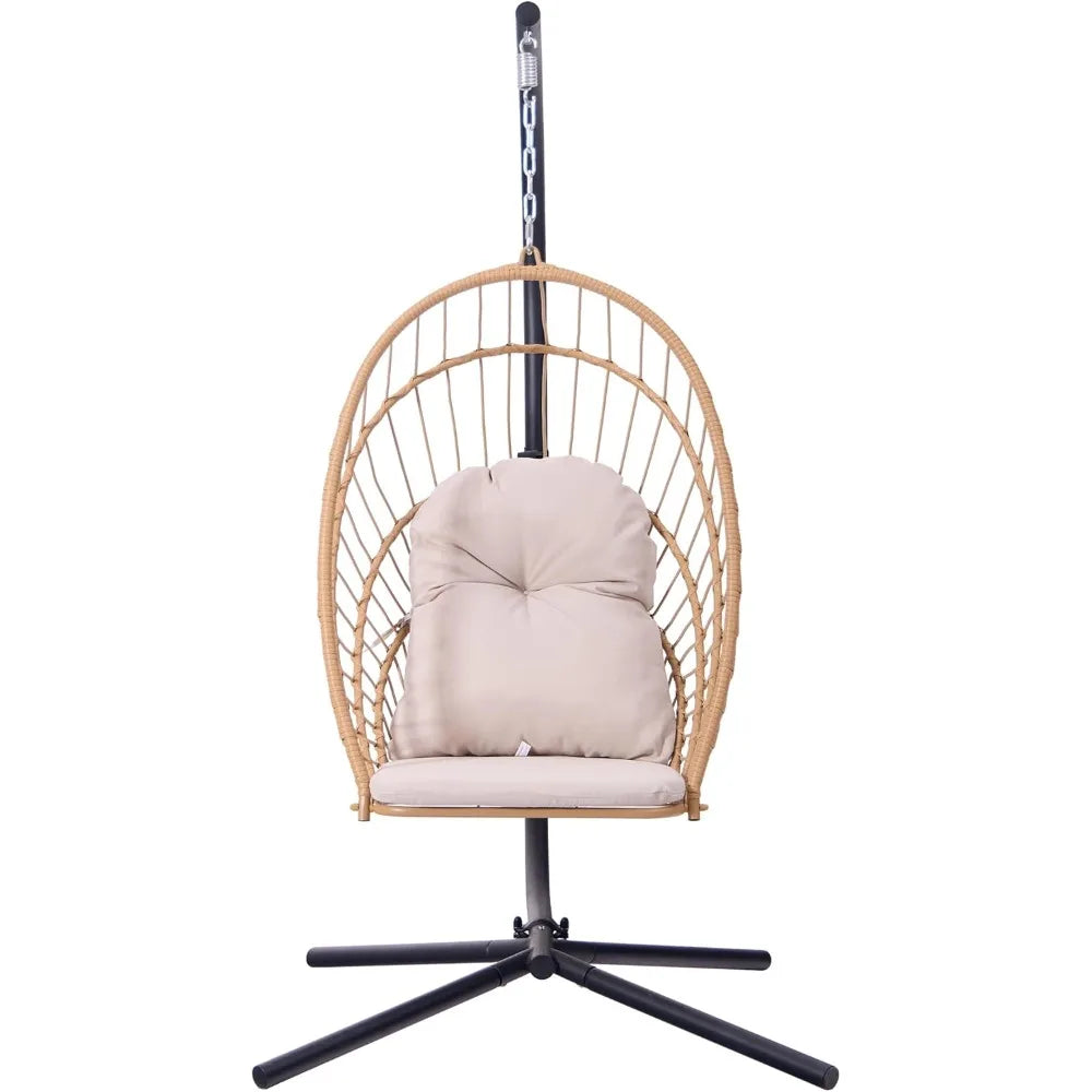 Egg Hanging Chair with Stand - Patio Wicker Swing Hammock Chair. 350lbs Capacity, Cushioned. Ideal for Bedroom, B