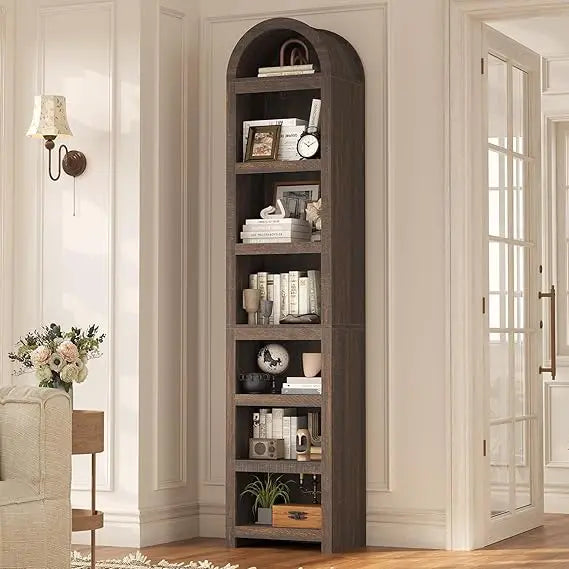 76" high 3-tier slim arched bookshelf - modern adjustable shelving for living room storage