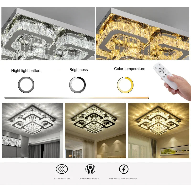 Modern Fancy Crystal LED Flush Mount Ceiling Light Fixture Stepless Dimming for Office Living Room Luces Living Room Decoration