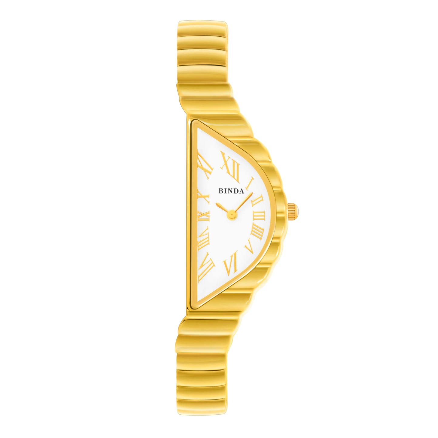 Binda Women’s Gold Case Quartz Watch – Curved White Dial, Half-Round Roman Index, 30M Water-Resistant, Elegant Gift Box Set