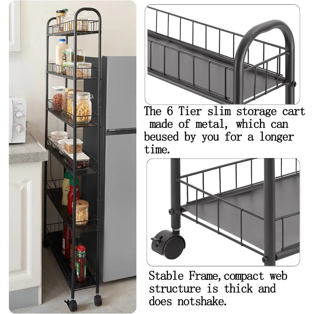 6-Tier Slim Rolling Cart with Handle – Wire Rack w/ Baskets for Kitchen Bathroom Laundry Office, Narrow