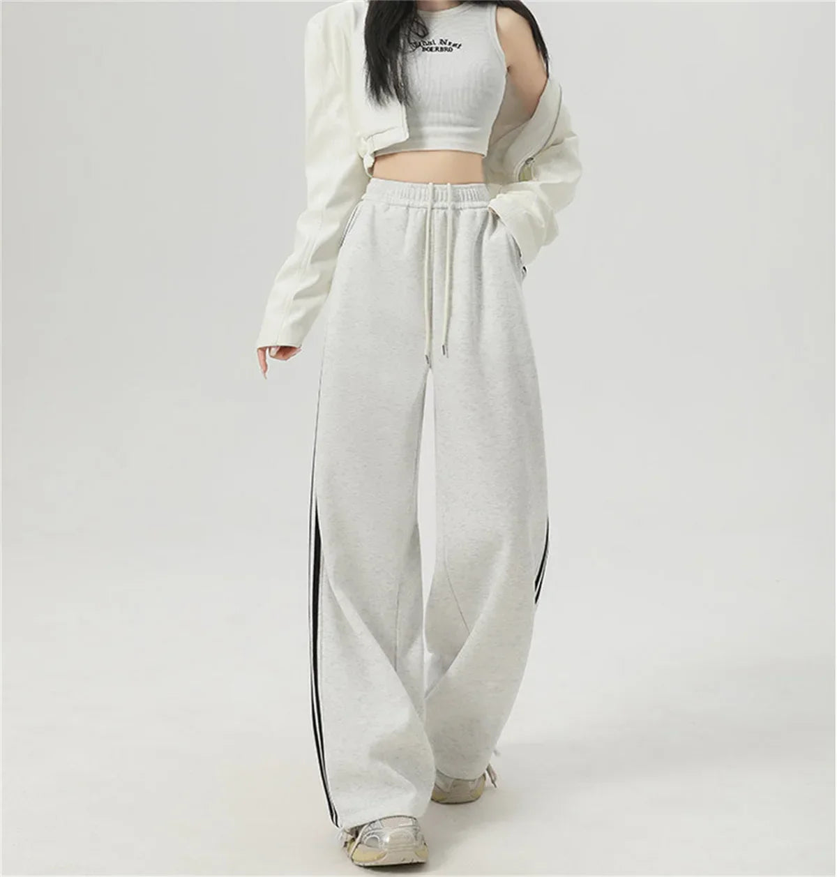 Women Stripe Chic Straight Pant Autumn Spring Retro Sports Sweatpants High Waist Color Blocked Trouseres Lady Casual Streetwear