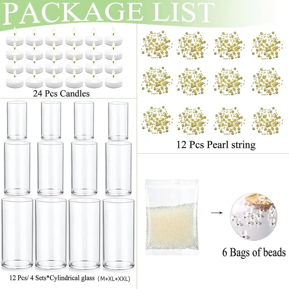 12 Glass Cylinder Vases with Pearl Strings & White Floating Candles for Wedding Party Centerpieces, Home Decor, 5-8 Inch