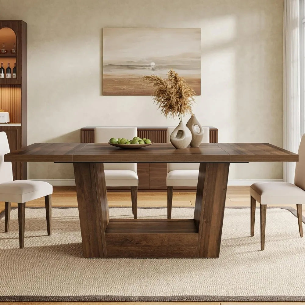 Farmhouse Style Rectangular Dining Table Seats 4-6, Heavy Duty Base, Wooden Kitchen Dinner Furniture for Casual Dining