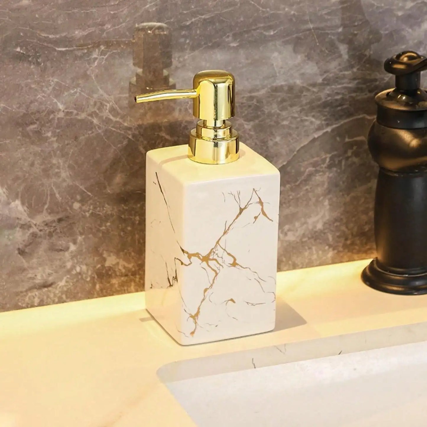1pc 350ml Ceramic European Creative Marble Texture Refillable Press Soap Dispenser Liquid Dispenser  For Bathrooms,Home，Hotels