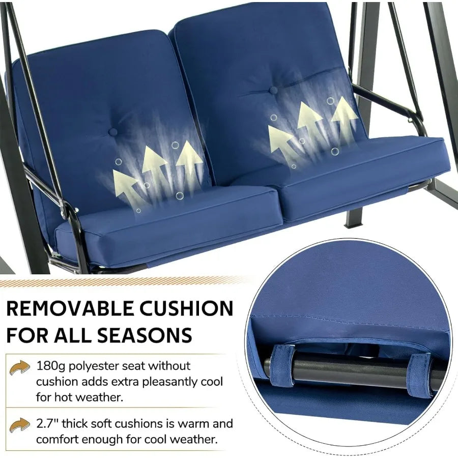 2Seat Outdoor Patio Swing Chair with Adjustable Canopy for Adults Portable Porch Swings with Removable Cushion Designed for Bac