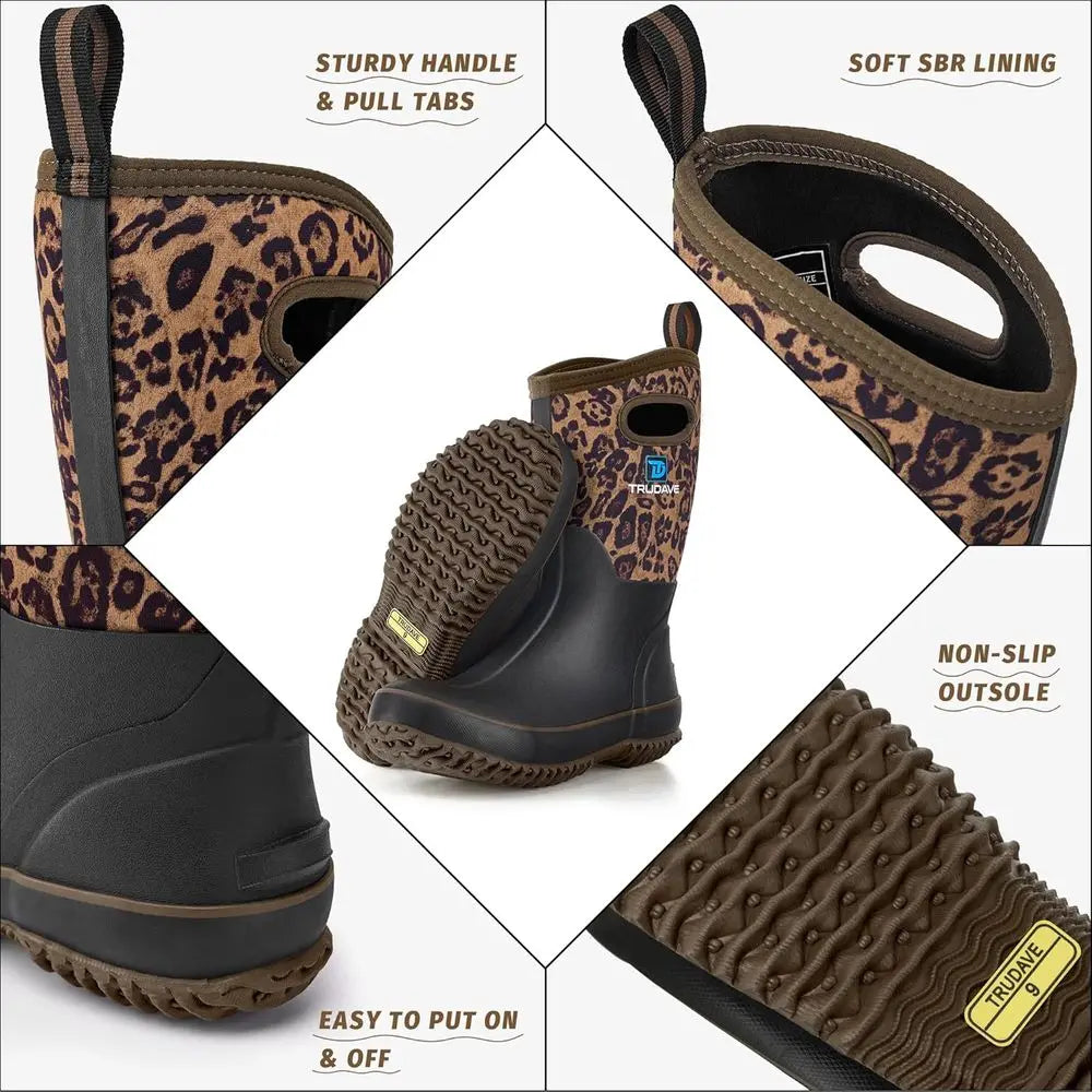 Trudave Rubber Boots for Women, Mid Calf Rain Boots, Womens Waterproof Boots, Neoprene Insulated Outdoor Work Mud Boots for Hunt