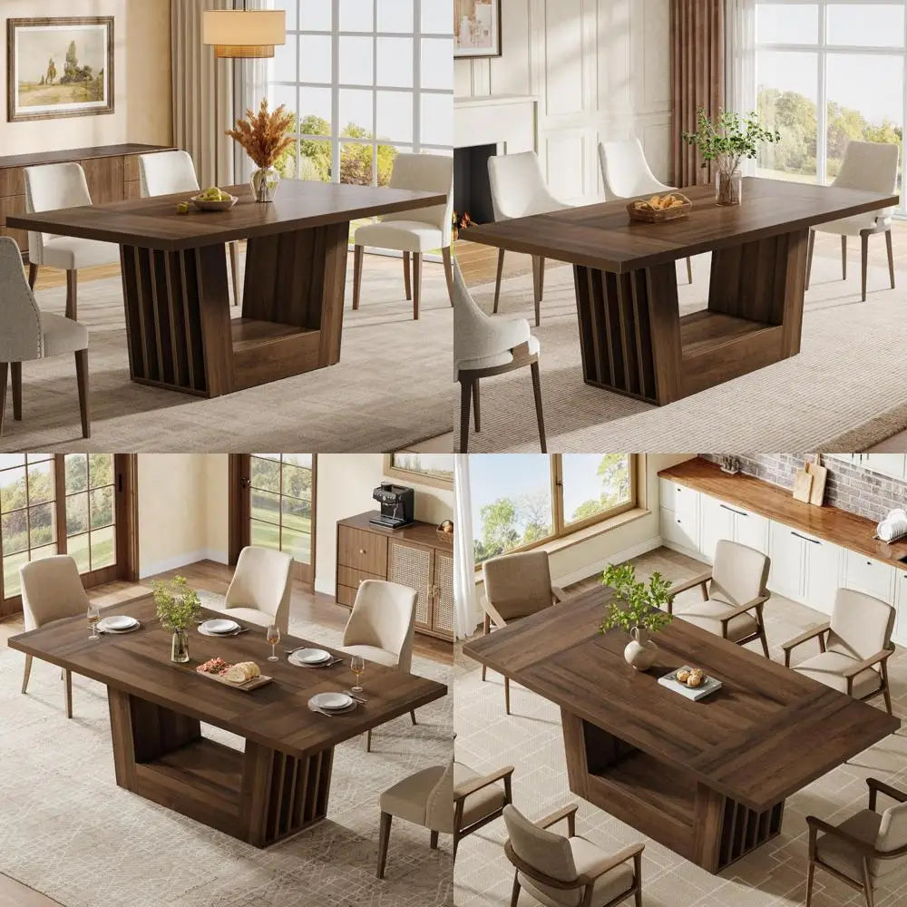 Farmhouse Style Rectangular Dining Table Seats 4-6, Heavy Duty Base, Wooden Kitchen Dinner Furniture for Casual Dining