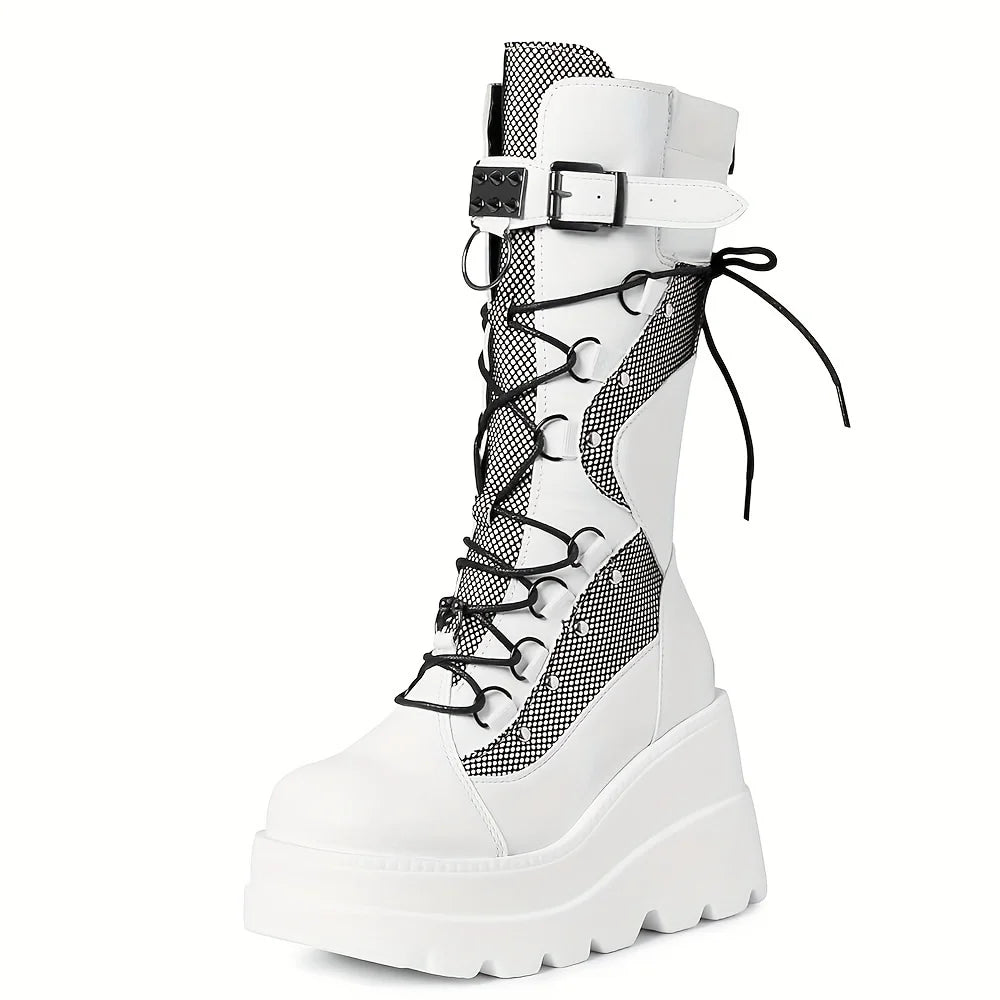Women Goth Combat Boots Punk Boot Casual Wear Fashion Footwear with Lace-Up & Zipper Closure Wedge Heel Platform Ankle Boots US