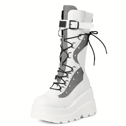Women Goth Combat Boots Punk Boot Casual Wear Fashion Footwear with Lace-Up & Zipper Closure Wedge Heel Platform Ankle Boots US