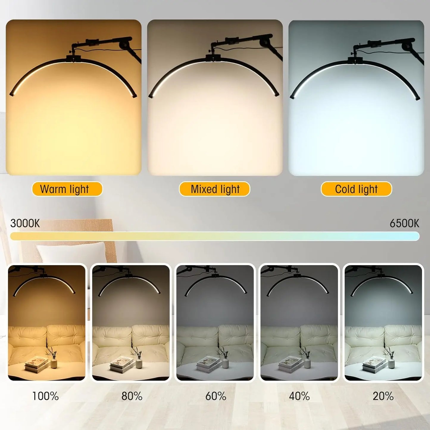 Half Moon LED Floor Lamp with Adjustable Height & Angle, Cool/Warm Light, Phone Holder for Eyelash & Skincare