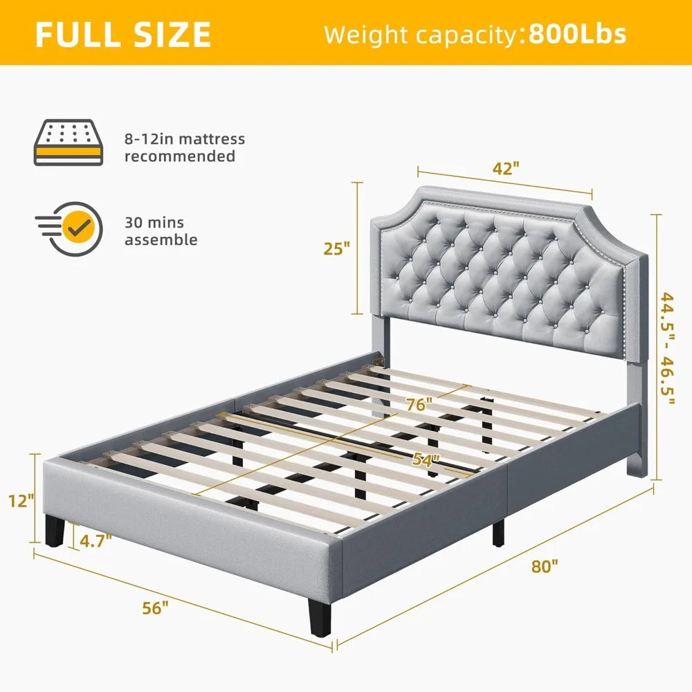 Grey Linen Upholstered Full Size Bed Frame with Adjustable Headboard and 12 Underbed Storage