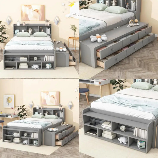 Gray Full Size Captain's Bed with Storage and Bookcase Headboard, Bed Frame for Bedroom, No Box Spring Needed