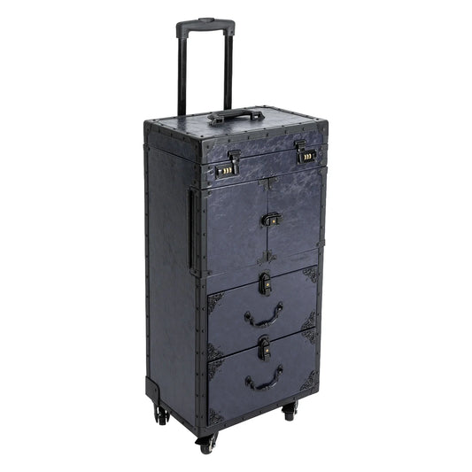 Vintage Blue Rolling Hairdressing Tool Case with Upgraded Metal Wheels - Retro Stylist Trolley for Professional Use