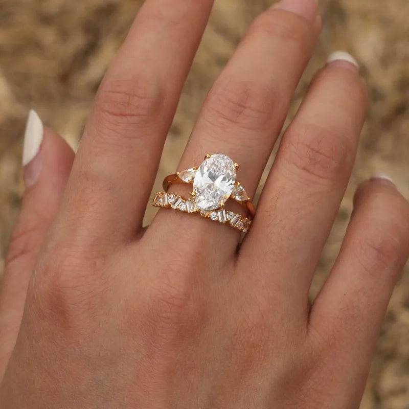 2PC S925 Sterling Silver 4.5CT Oval Moissanite Ring Fine Jewelry Plated with 18k Gold Suitable for Gift Giving Anniversary