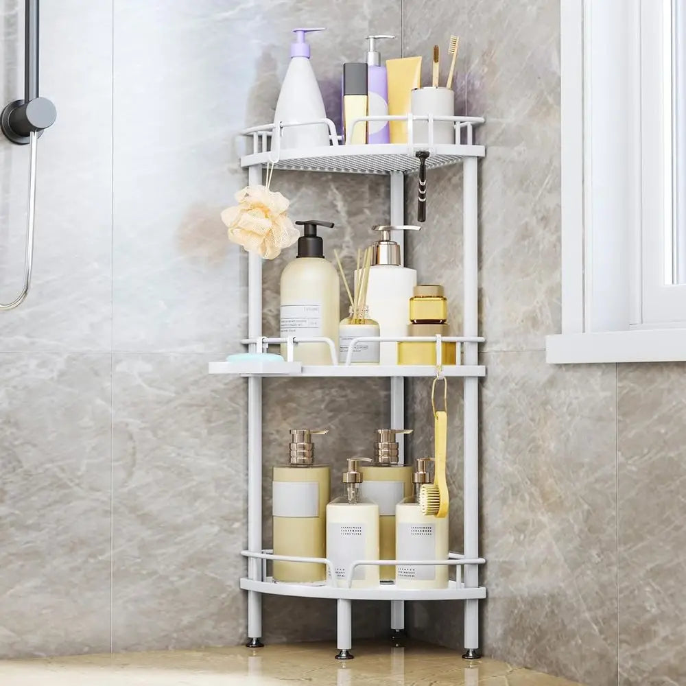 3-Tier Corner Shower Organizer with Soap Dish, Adjustable Floor Rack, Hooks, White Bathroom Shelf