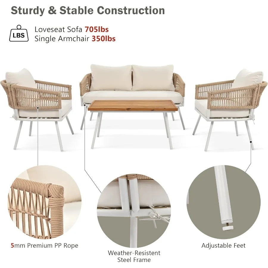 4Piece Boho Rope Outdoor Patio Furniture Set with Acacia Wood Table for Backyard Porch Balcony Beige Stylish and Durable Rattan
