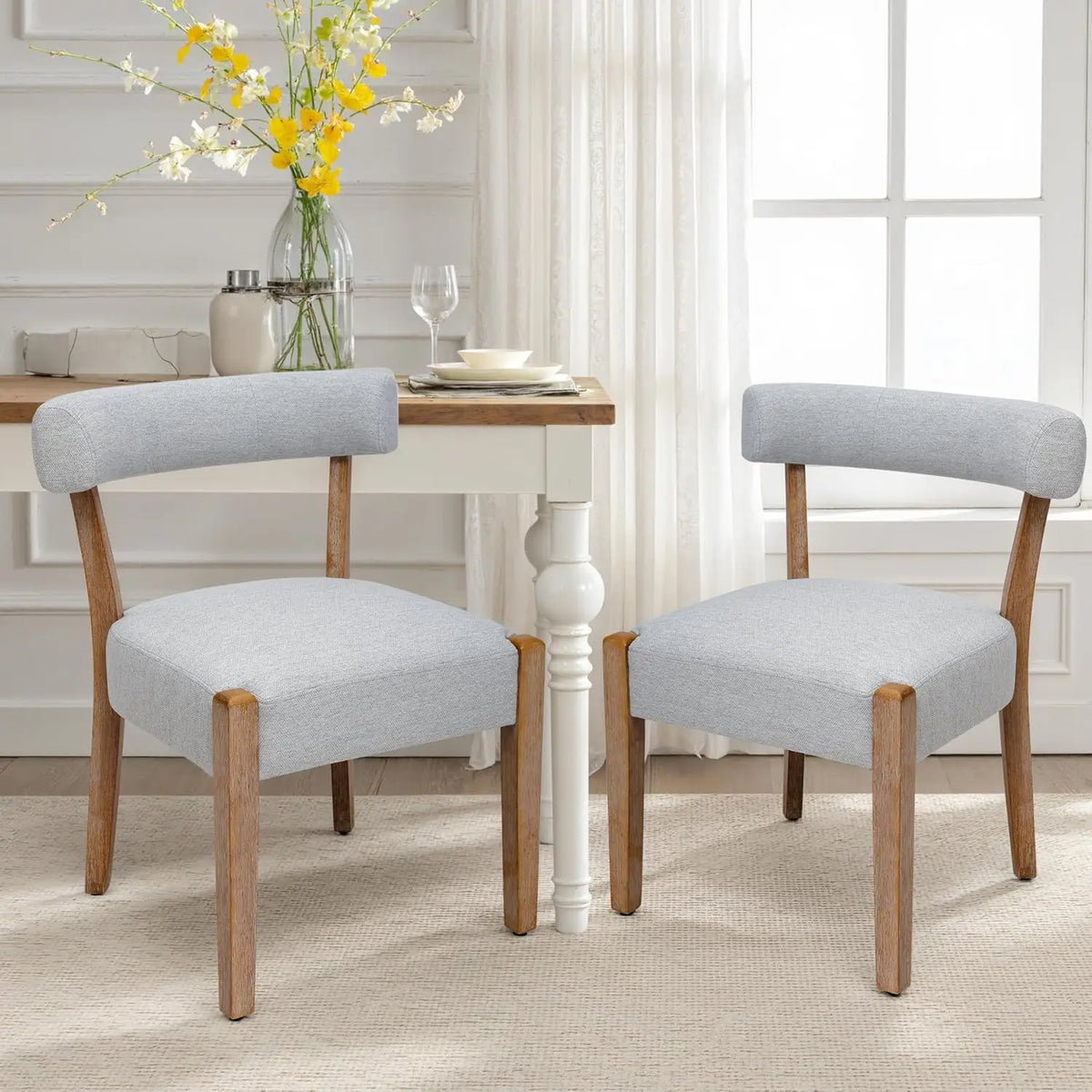 Wooden Dining Chairs Set of2 Upholstered Kitchen&Dining Room Linen Fabric Chairs Mid Century Modern Dining Woven Chairs Low Back