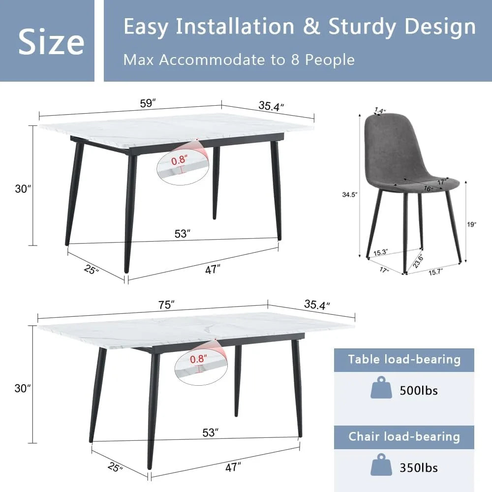 7-Piece Extendable Dining Table Set with 6 Upholstered Chairs, White Kitchen Table and Chairs