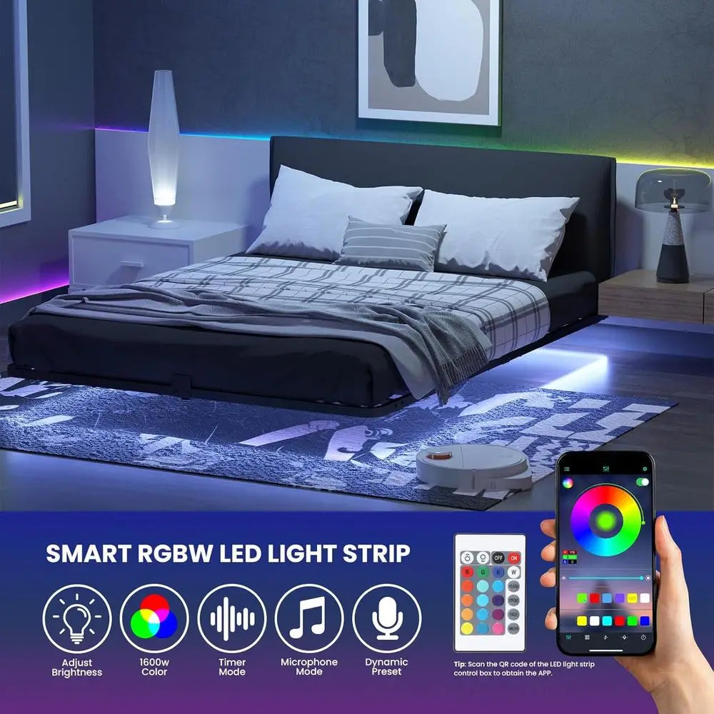 Luxury King Size LED Floating Bed Frame, Metal Platform, No Box Spring, Easy Assembly, Silent