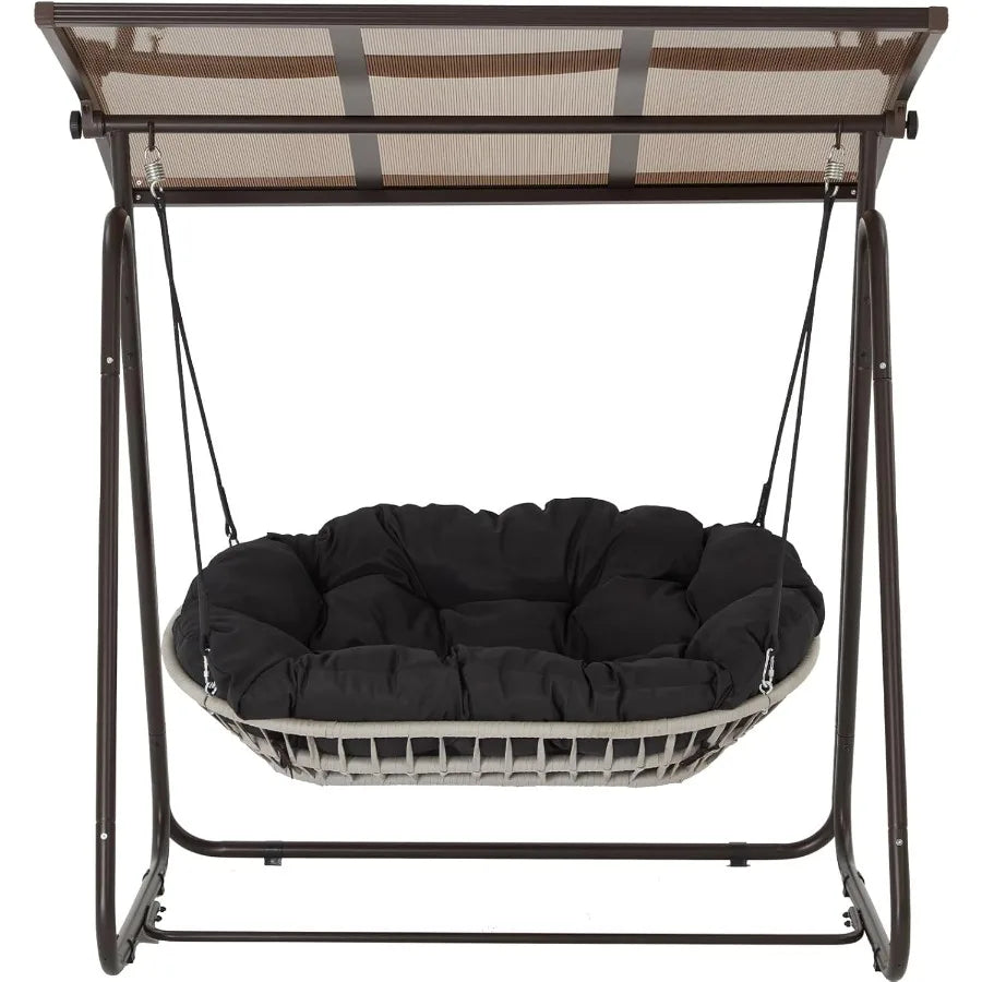 2Person Outdoor Porch Swing with Adjustable Hardtop Canopy 5.9 Thick Cushions WeatherResistant Rattan Patio Swing Chair with St