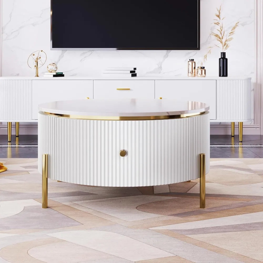 31.5" White Coffee Table with 2 Storage Drawers, Round Side Table, Circle Accent Table with Marble Pattern Tabletop, Modern