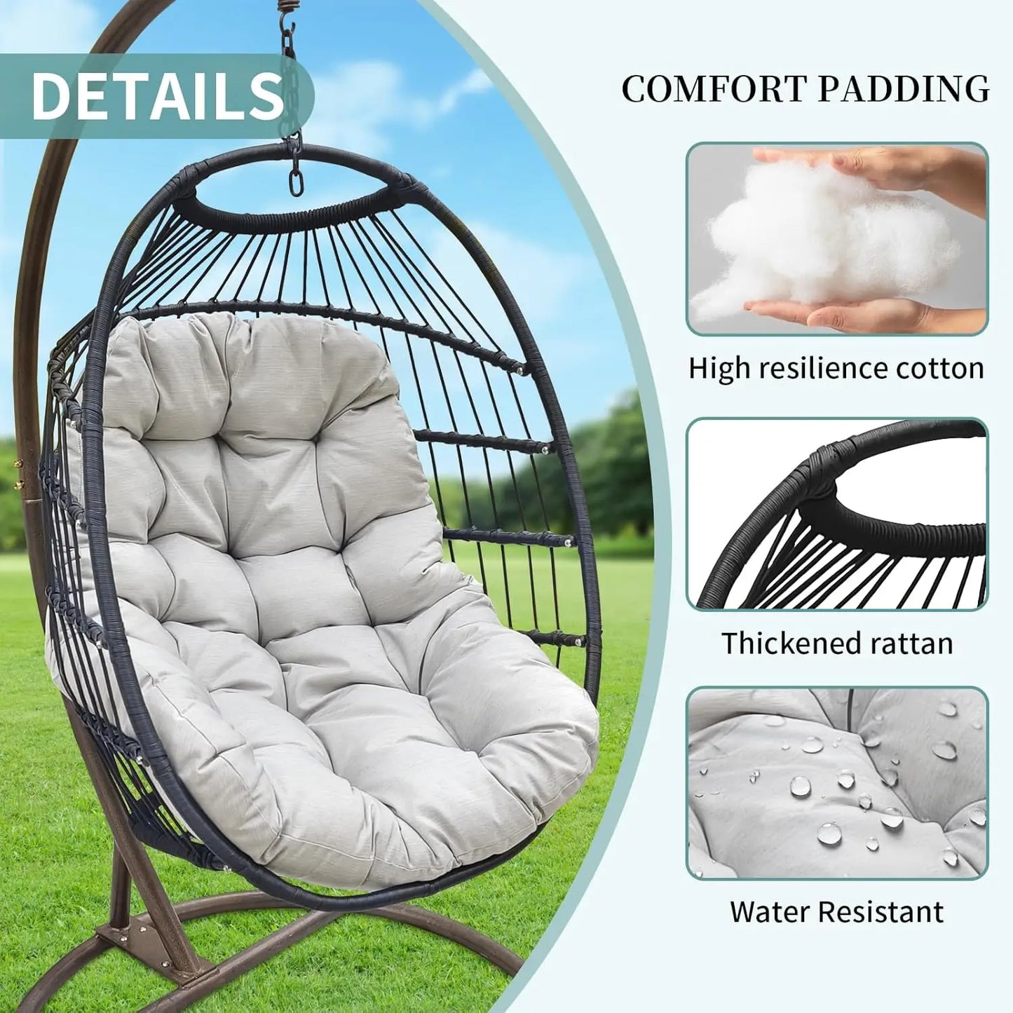 Hanging Egg Chair with Stand, Wicker Hammock Chair, Patio Swing, Foldable Basket, 350lbs Capacity for Indoor/Outdoor, Patio, Dec