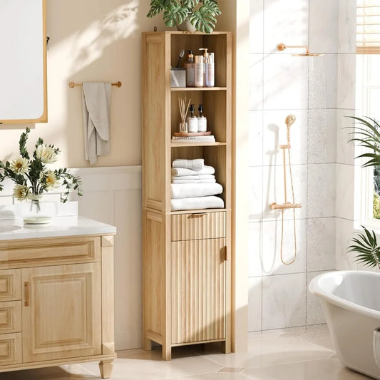 Narrow Fluted Bathroom Floor Skinny Storage Cabinet with 1 Fluted Door&Drawer,68 Tall Narrow12 Inch Deep Slim Bathroom St