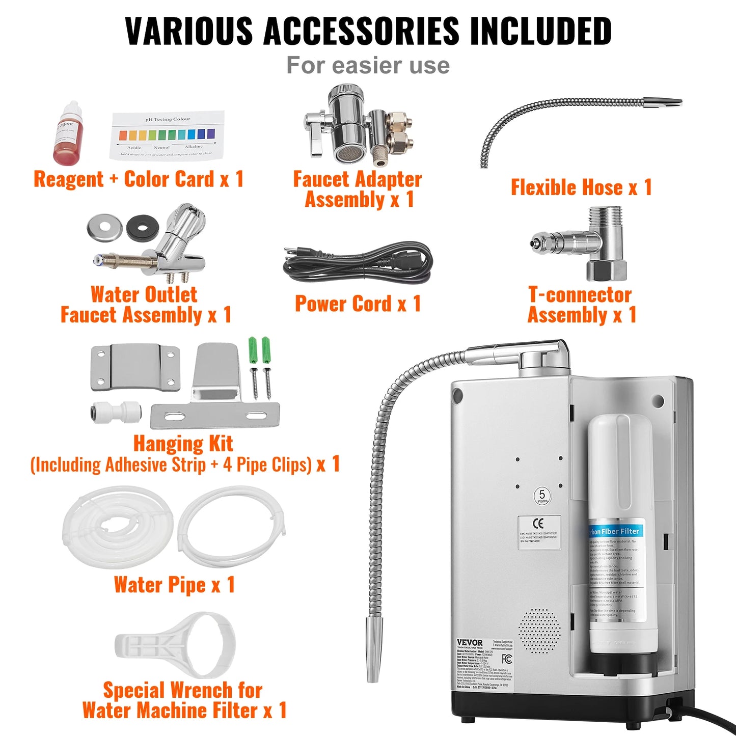 VEVOR Alkaline Water Ionizer Machine pH 3.5-10.5 Alkaline Acidic Hydrogen Water Purifier 7 Water Settings Home Filtration System