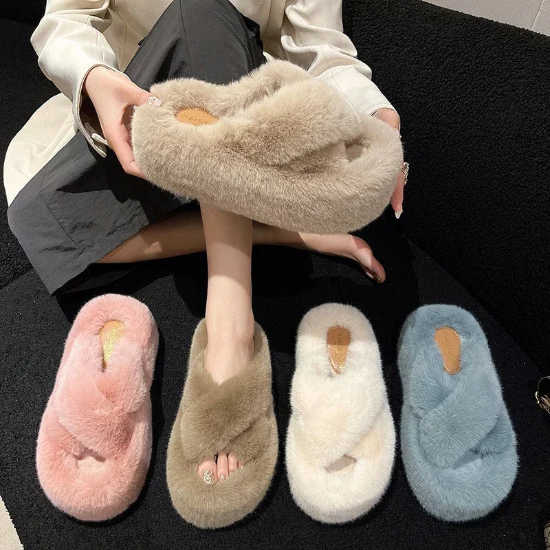 Woman Furry Ladies Faux Fur Luxury Fluffy Plush Slipper House Soft Fuzzy Girl Platform Indoor Flat Casual Sabot Round Toe Winter