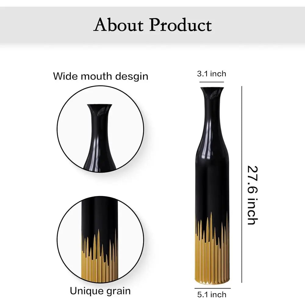Black Tall Cylindrical Decorative Floor Vase with Gold Tooth Design for Home Living Room Entryway Wedding Resin Vases